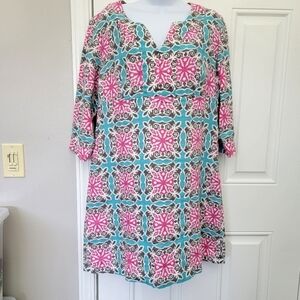 Boden 100% Linen 3/4 Sleeve V Neck Tunic Shift Dress Blue Pink Brown Size 10P
